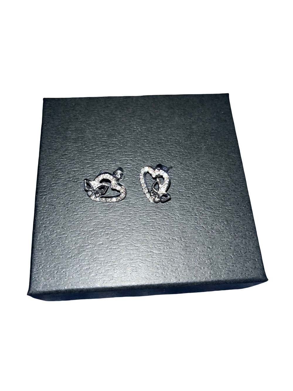 Guess Silver Tone Pave Heart & Butterfly Stud Earrings